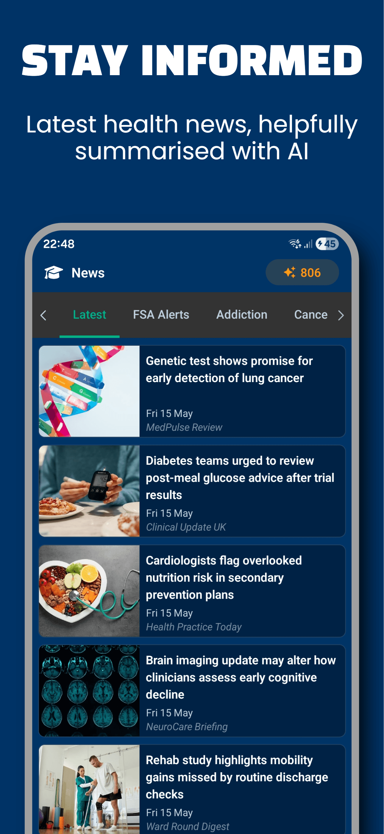 Learning Log news feed showing curated UK clinical headlines summarised with AI.