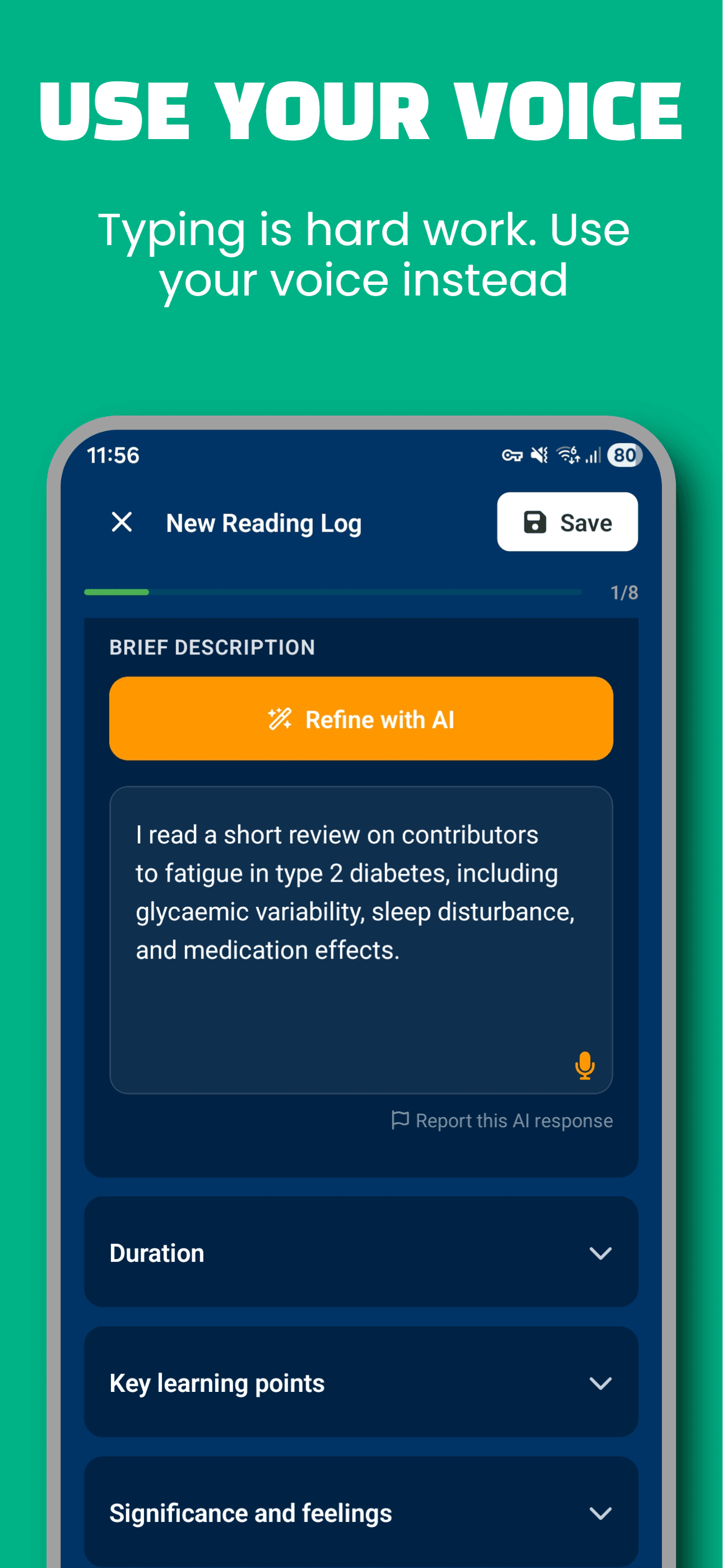 Voice entry screen turning a spoken reflection into a structured reading log.