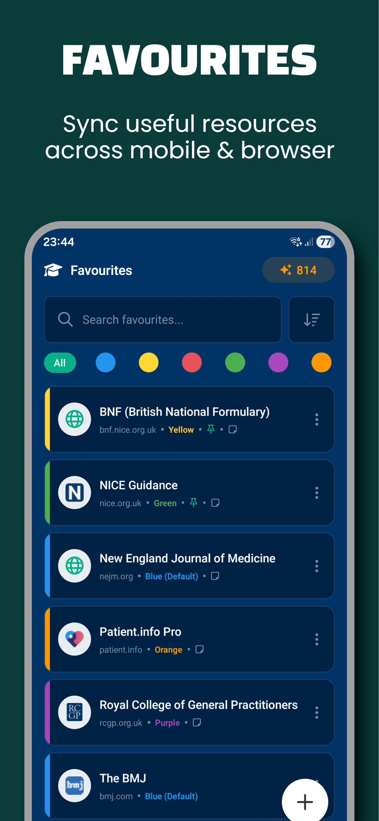 Favourites library with saved medical references including BNF, NICE, NEJM, and BMJ.