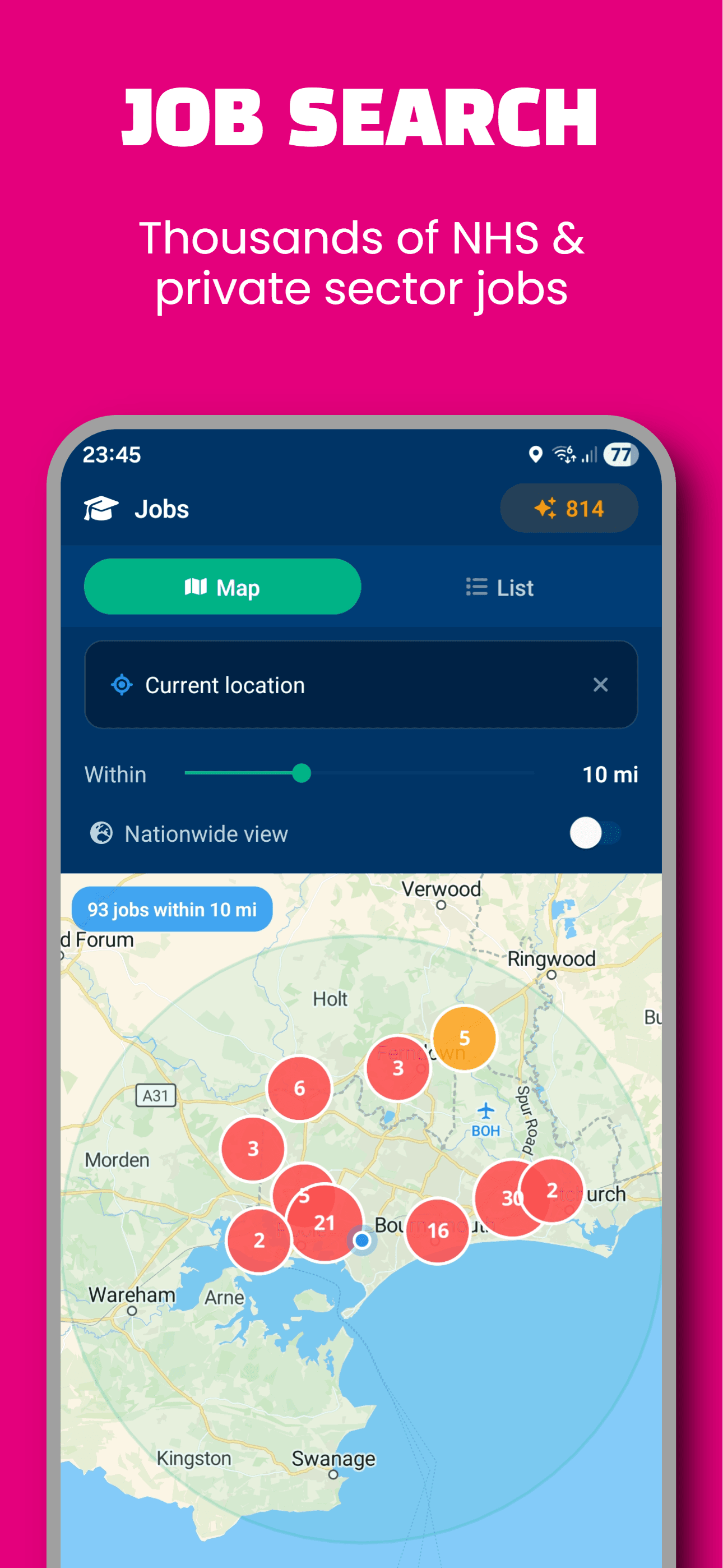 Map view of NHS and private sector healthcare jobs near the user.