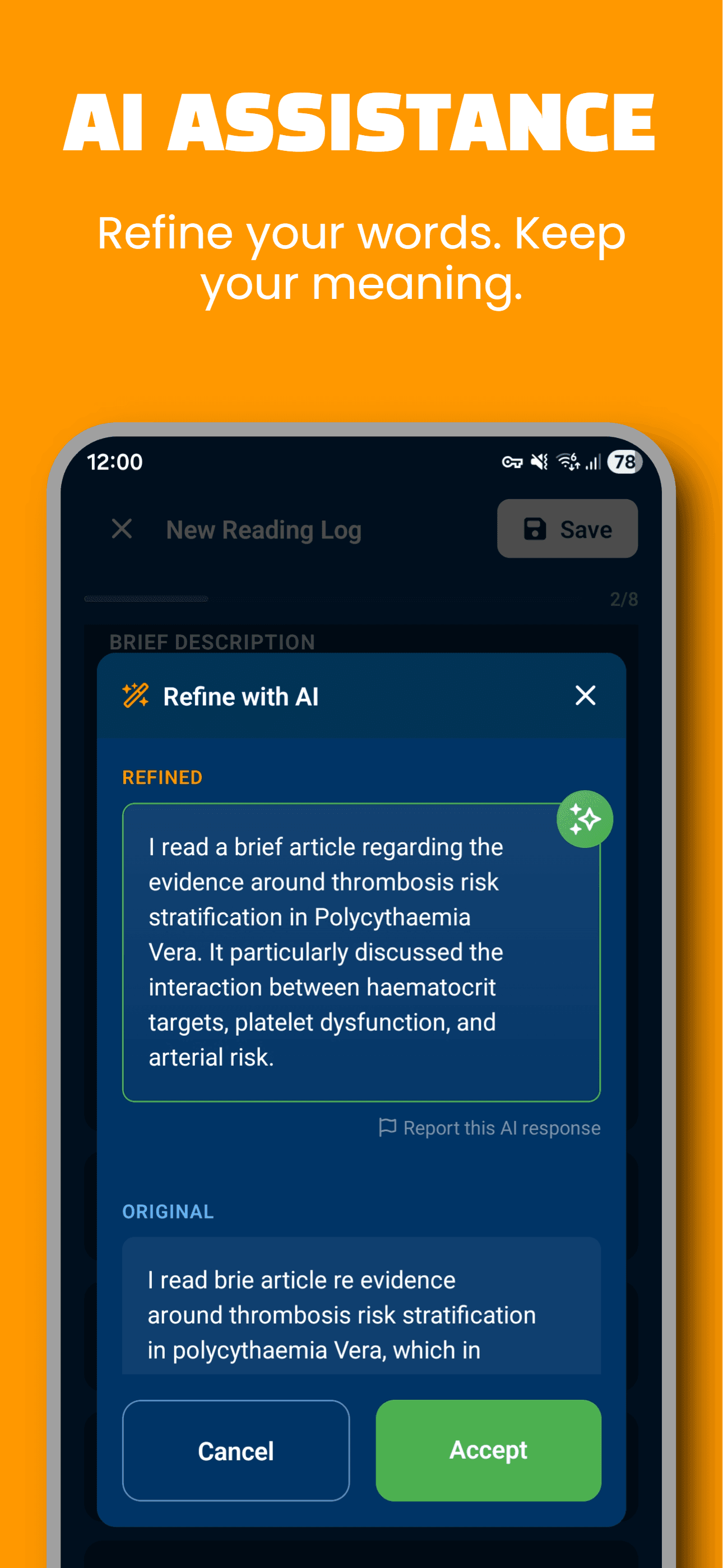 Refine with AI dialog showing the original spoken text alongside the refined reflective version.